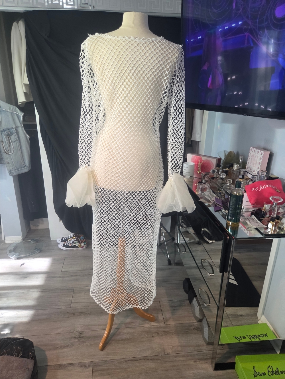 White Crochet Mesh Maxi Dress with Sheer Ruffle Cuffs